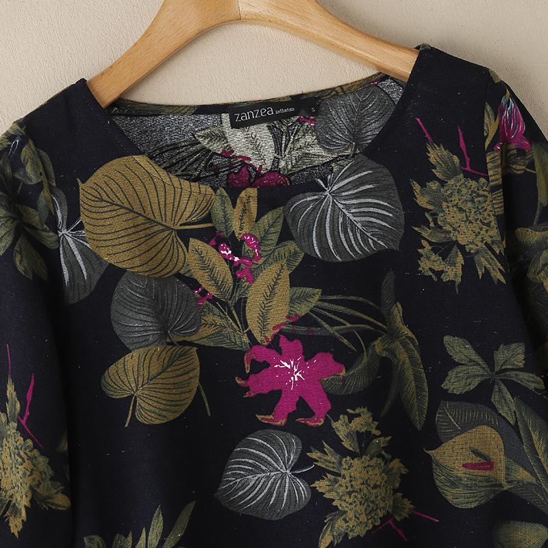 ZANZEA Women Casual Round Neck 3/4 Sleeve Loose Print Blouse
