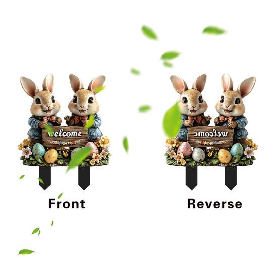 Easter Garden Stake 2D Acrylic Bunny Yard Decor Stake Cartoon Rabbit Colored Eggs Welcome Sign Stake Fairy Garden Accessories for Lawn Porch