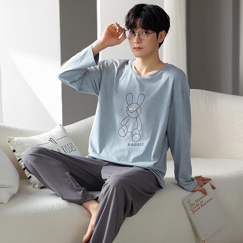 Тип Пижамный костюм из чистого хлопка на осень-зиму для мужчин с длинными рукавами из хлопка, комплект домашней одежды для мужчин, мягкая домашняя одежда для мужчин