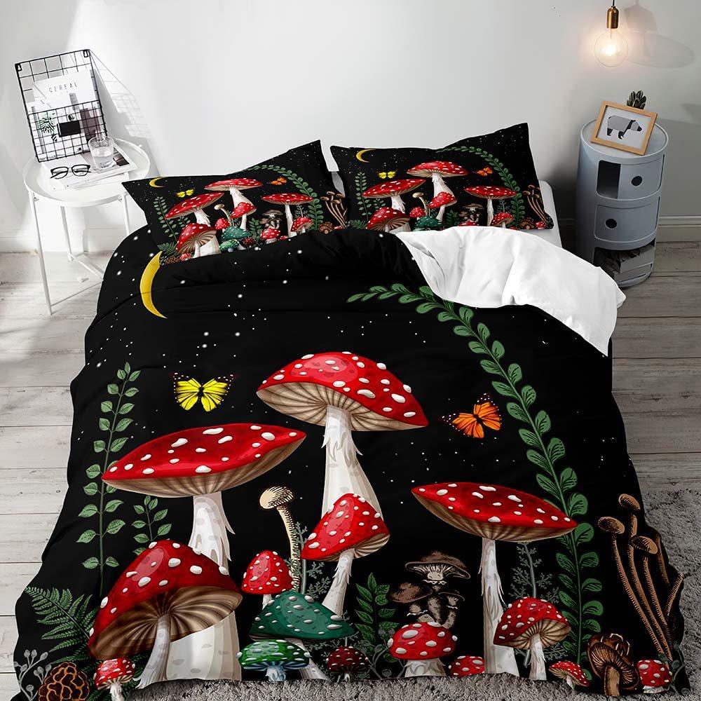 Red Mushroom Three-piece Quilt Cover 3D Digital Printing Bedding Set Green Plant Plant Fungus Bed Cover