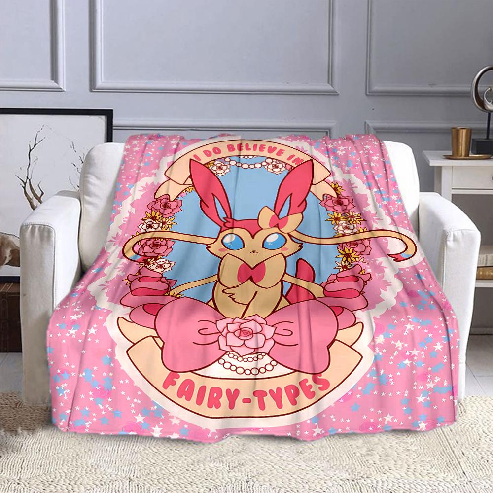 Cute Sylveon Eevee Pink Blanket for Couch or Bed - 3D Pattern Decor Blanket - Cozy Soft Fuzzy Blankets Suitable for All Seasons