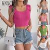 Spring Summer Solid Color Square Neck Black Ear-trimmed Sleeveless Knitted Sweater Crop Top Women's Clothing