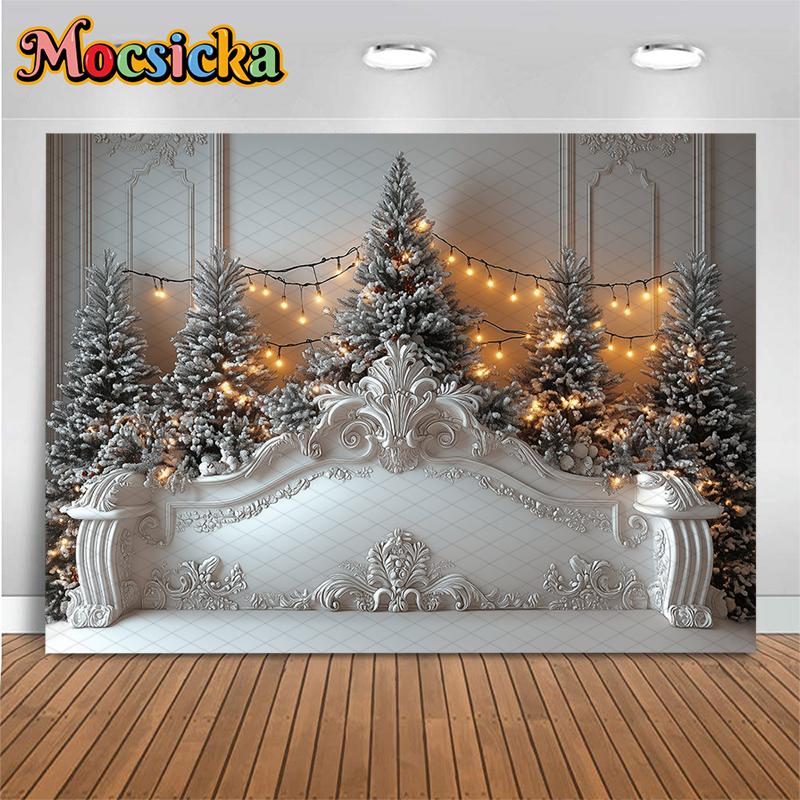 Mocsicka Рождественская елка Фон для фотосъемки Зима Белый Снежный Дворец Кровать Фотофон В помещении Деревянная настенная лампа Декор Баннер