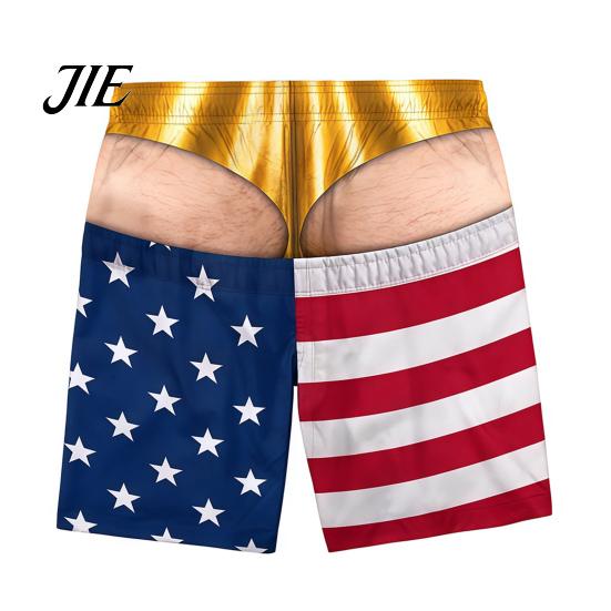 Elastic Waist Board Shorts Men Hairy Booty Shorts, 3D Butt Print Beach Breathable Lightweight Swim Bottoms Funny Patriotic Trunks for Summer Vacation
