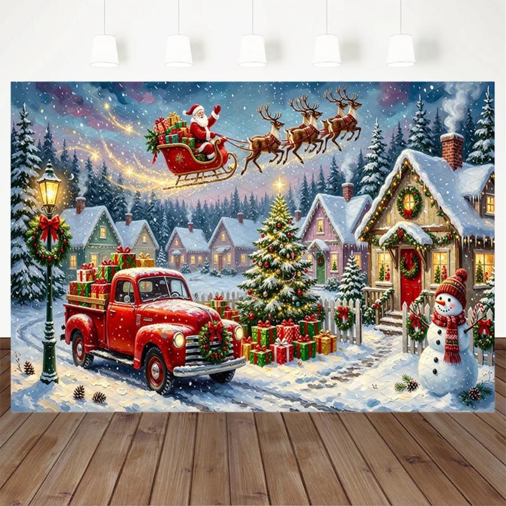 Winter Christmas Sleigh Reindeer Red Truck Theme Banner Background Children's Birthday Party Decoration Photography Background