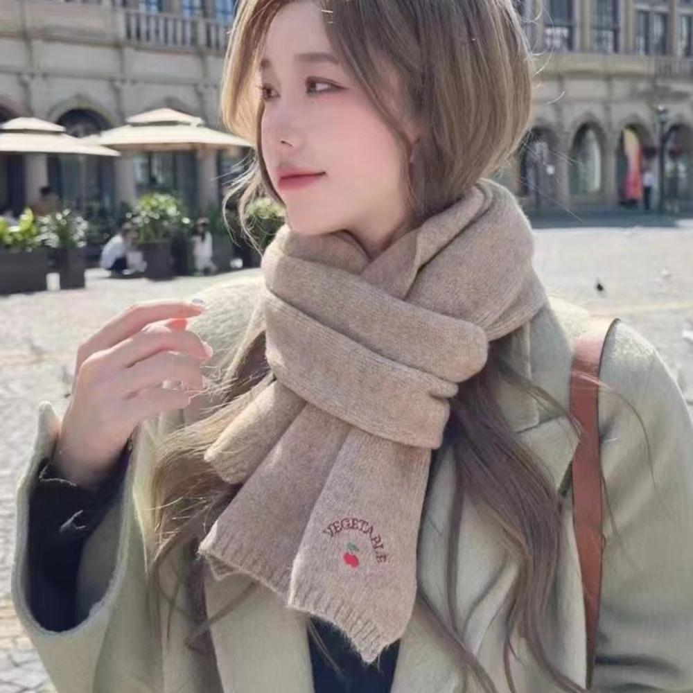 Solid Color Cartoon Thick Shawl Keep Warm Long Scarf Soft Cherry Knitted Scarf Girls