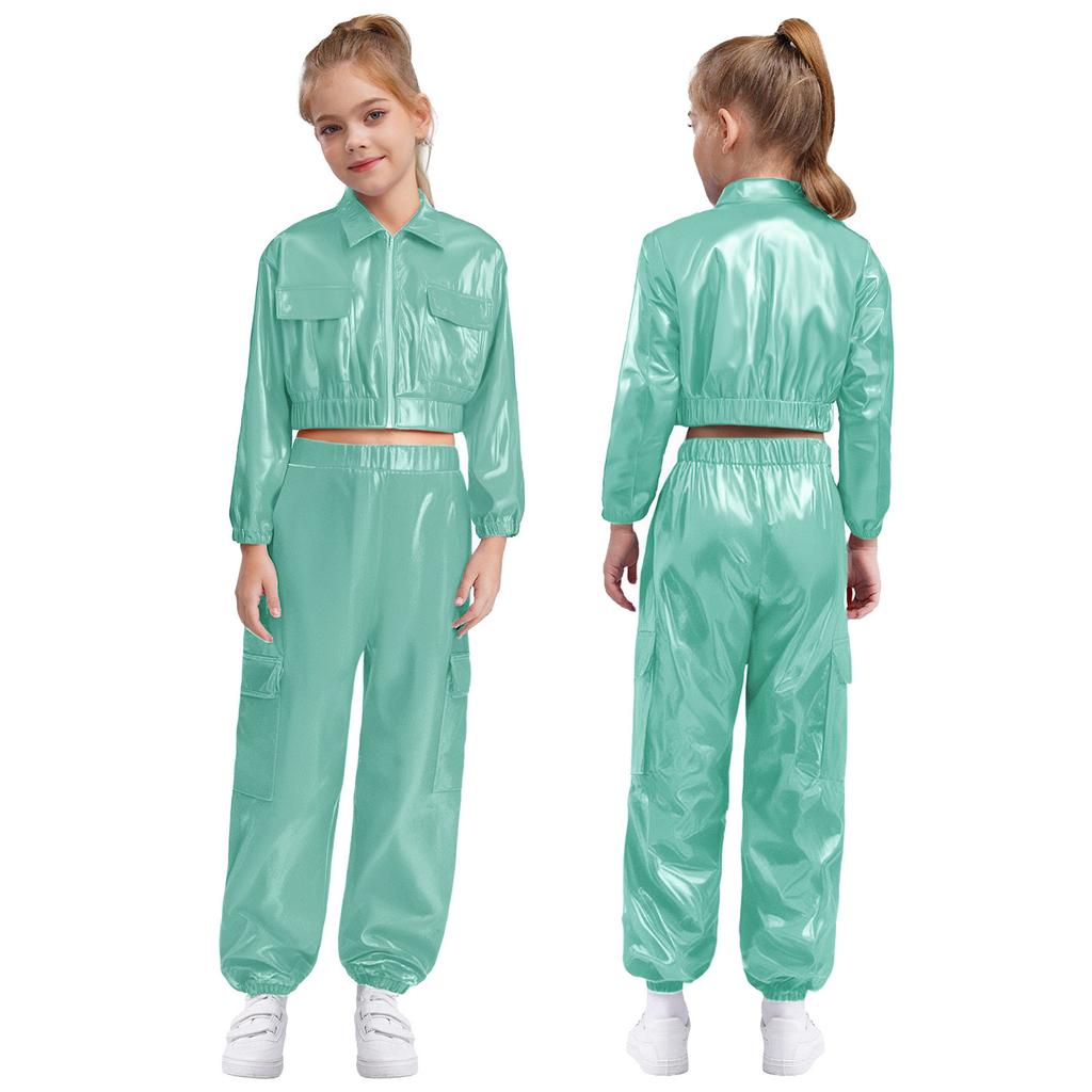 Детский танцевальный костюм для хип-хопа унисекс, куртка цвета металлик с длинными рукавами, отложным воротником и блестящими брюками