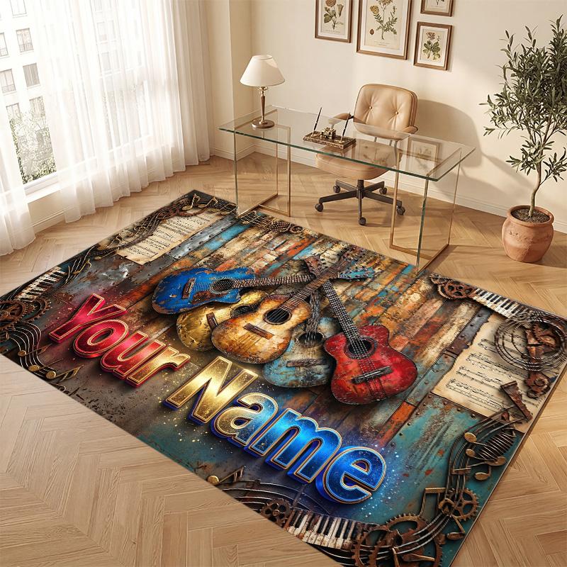Music Theme Soft Crystal Velvet Rug Custom Name & Text Print Non Slip Floor Rug for Bedroom Living Room