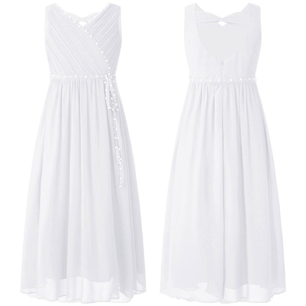 Flower Girls Dress Elegant Beaded Chiffon Party Summer Dress Ruched V Neck Sleeveless Dress for Bridesmaid Wedding