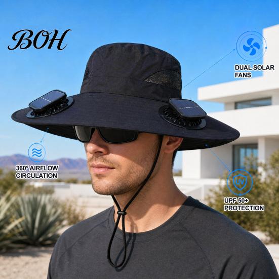 Cycling Cooling Hat Solar Fan Hat, UPF 50+ Wide Brim Sun with 2 Cap Fans, & USB Rechargeable, 3 Speeds for Fishing/Camping/Hiking/Gardening