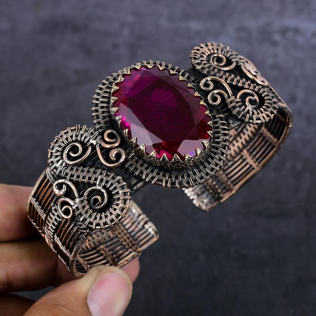 Pink Rubillite Handmade Copper Wire Wrap Cuff Bangle Adjustable R7J26