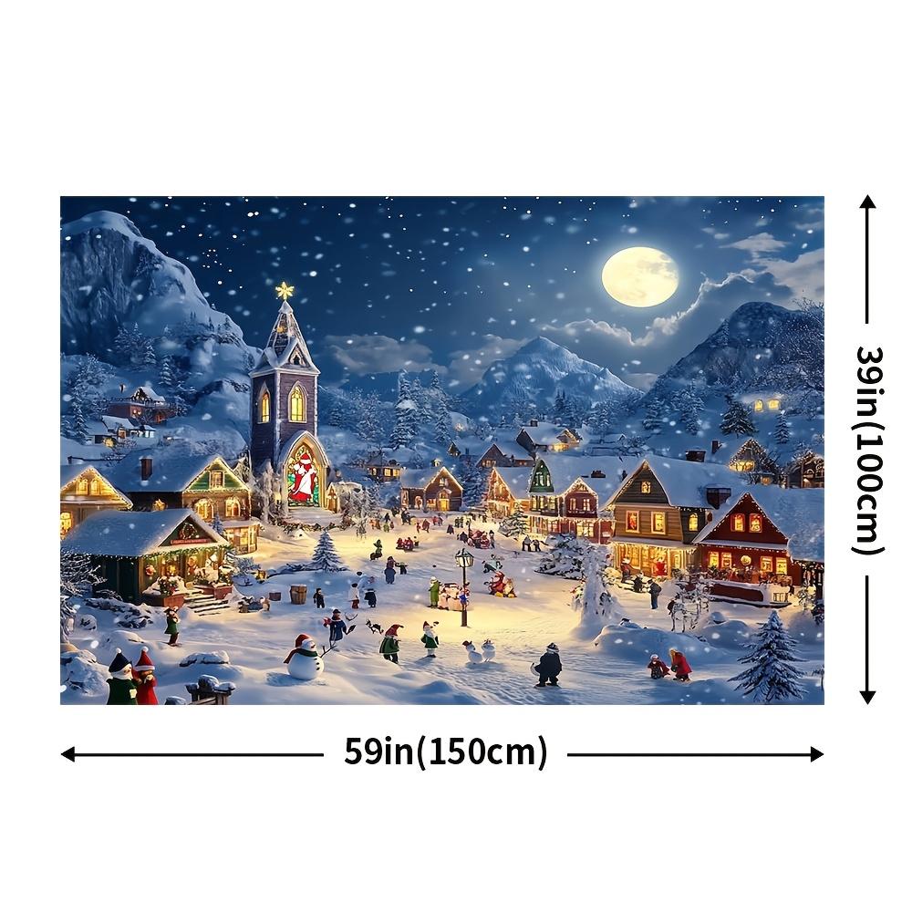 Party Backdrop Banner - Winter Village with Cartoon Houses & Cedar Trees, Durable Polyester Photo Background for Christmas Party & Studio