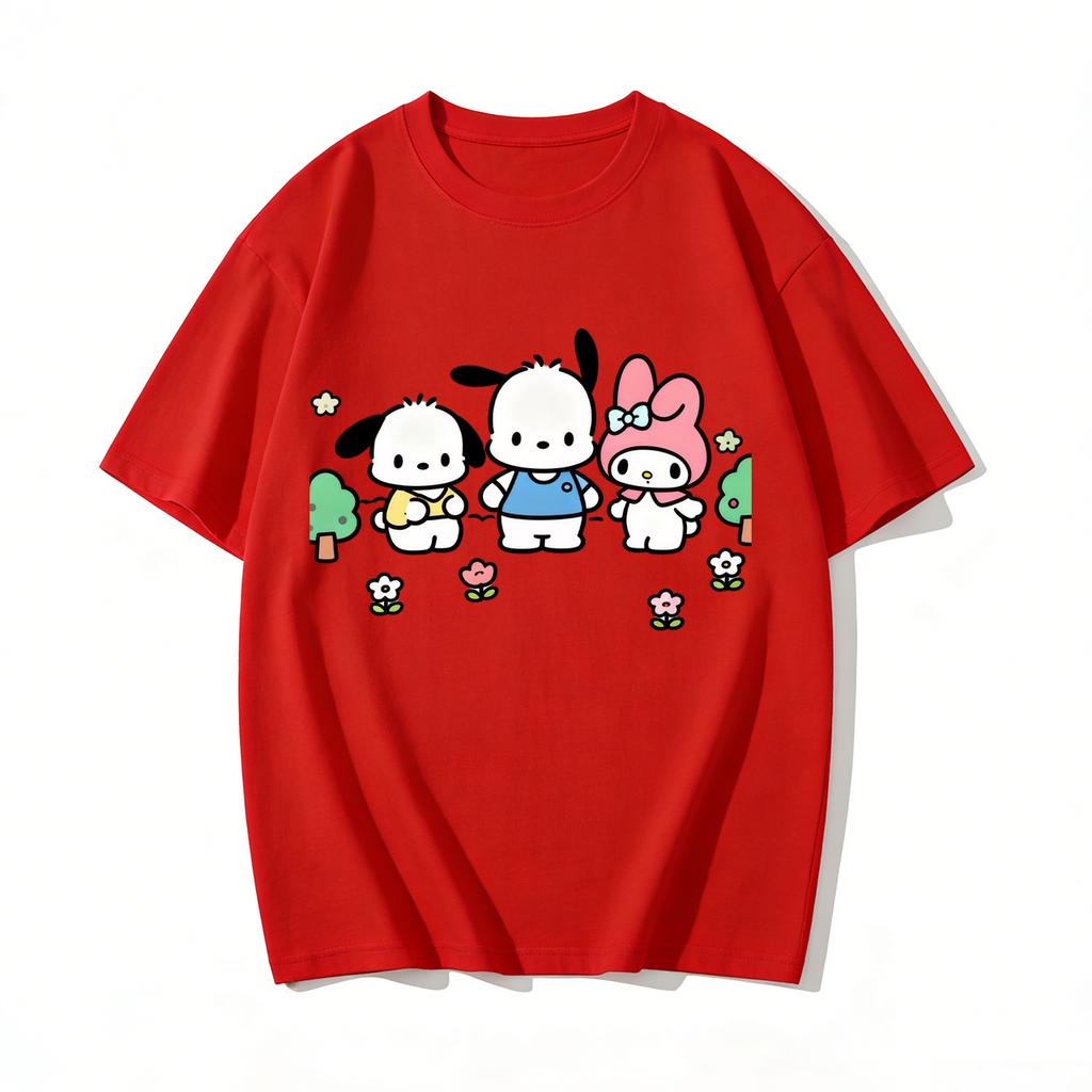 Summer Cute Pochacco My Melody Print Tshirt Casual Short Sleeve Tees for Mom and Daughter Sweet Family Matching Outfits Fashion