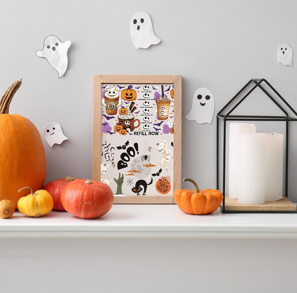 Transfer Cup Wrap Stickers, 5 Sheets Orange Halloween Ghost UV DTF Cup Wrap for 16oz Glass Cups Spooky Pumpkin Skeleton Cobweb Bat Rub on Transfer Dec