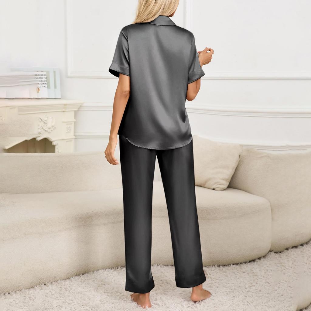 Женский шелковый однотонный пижамный комплект, женская пижама из двух частей с короткими рукавами и длинными брюками, пижама на пуговицах и домашняя одежда