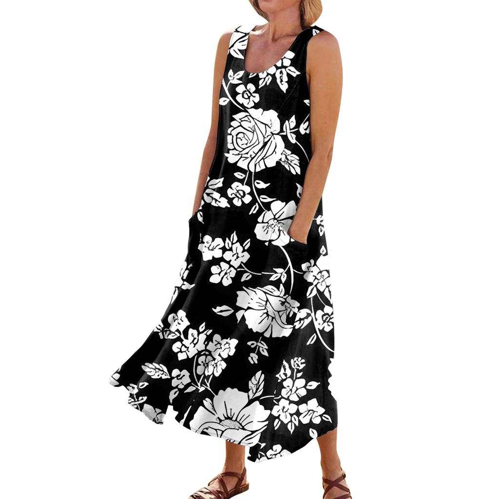 Платье без рукавов для женщин. Женское летнее повседневное модное платье без рукавов с круглым вырезом и карманом с принтом.