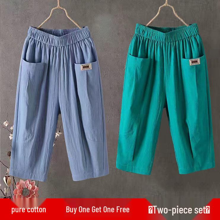 Женские летние укороченные брюки из хлопка и льна - Свободные, Эластичная талия, Большой размер, Узкие гаремы, Универсальные повседневные брюки