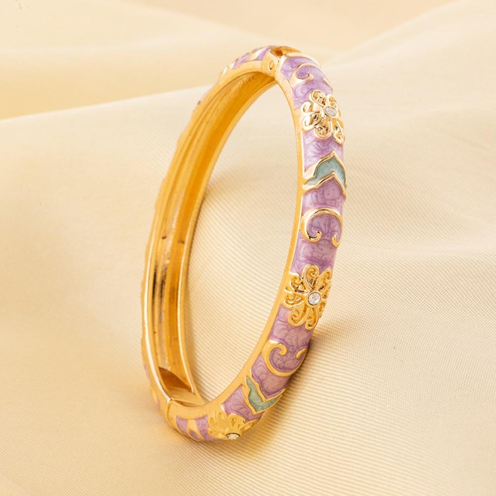 New Colorful Bangle Bracelet Gold Plated Chinese Style Enamel Flower Bracelet Elegant Handmade Cuff Bracelet Women