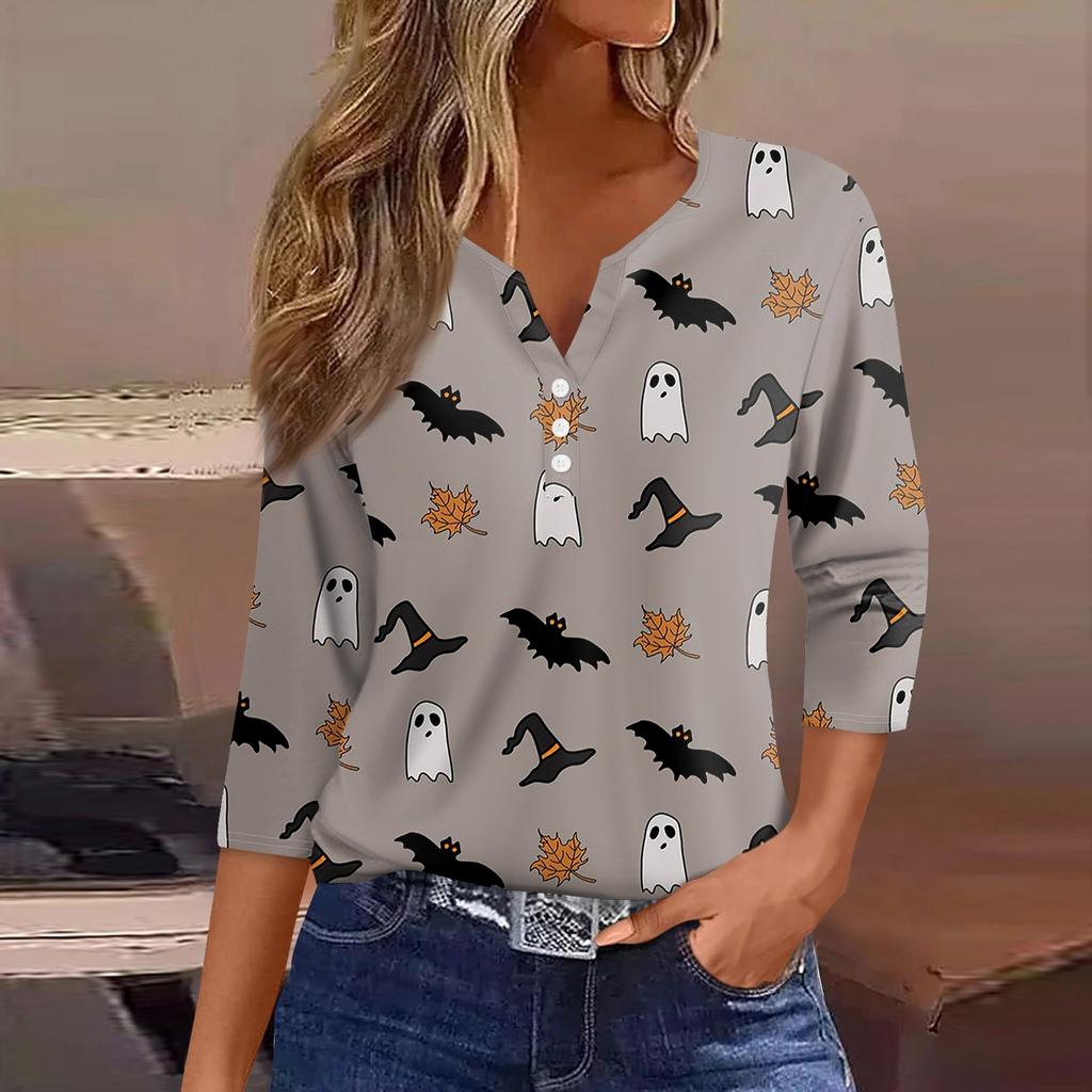 Women's T Shirt Tee Halloween Print Button  3/4 Sleeve Daily Weekend Fashion Basic V- Neck Regular Top