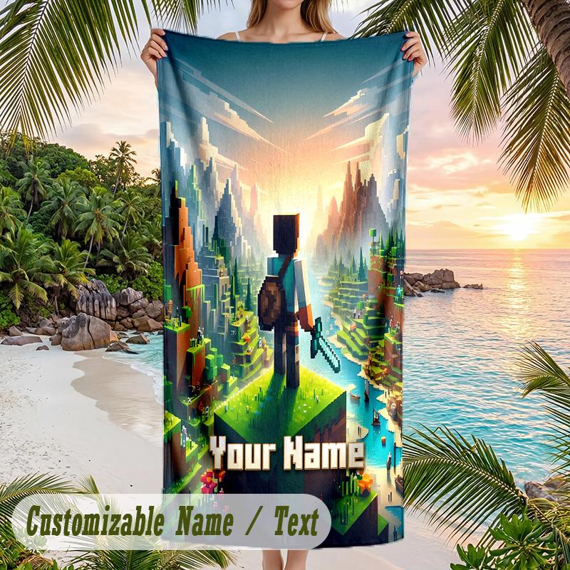 Minecraft Beach Towel, Personalized Custom Text, Quick Dry Soft Large Towel For Swimming Pool Travel