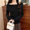 Design Sense One-word Shoulder Lapel Long-sleeved Knitted Sweater Women's Inner Slim-fitting Sweet and Spicy Bottom Sweater Outer Top