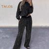 2 Pcs/Set Women Top Pants Suit Sequin Round Neck Long Sleeves with Elastic Cuffs Elastic High Waist Wide Leg Trousers Set Daily Casual Commuting