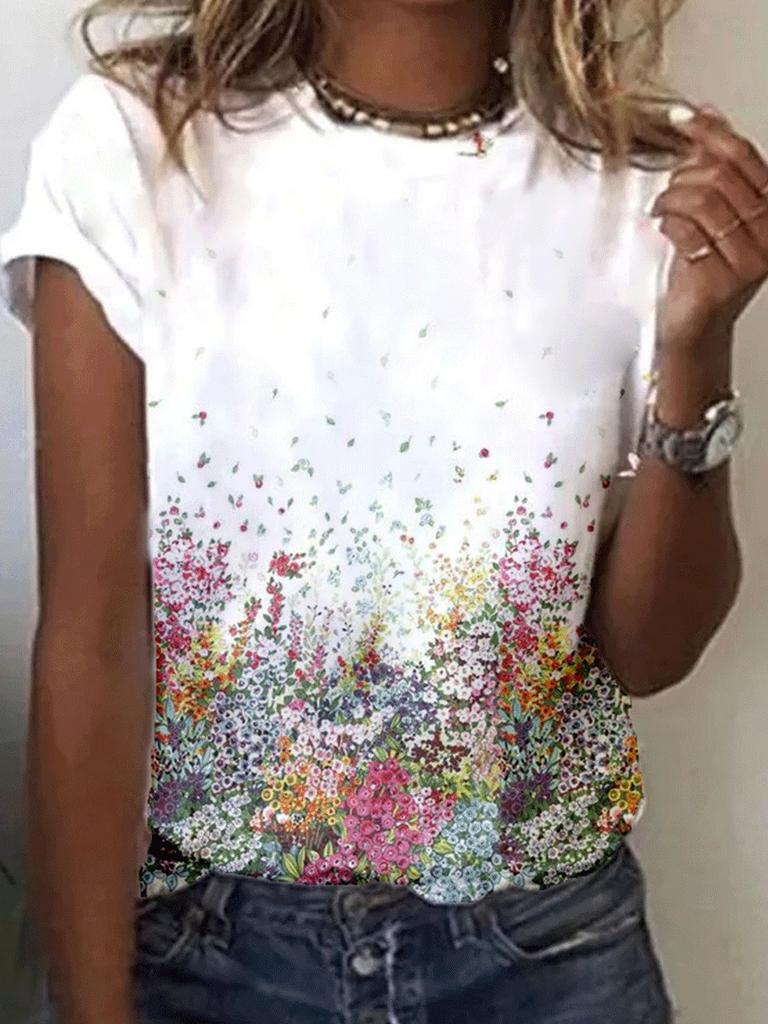 Летняя женская уличная модная футболка с цветочным принтом 3D с коротким рукавом, повседневная универсальная свободная футболка с круглым вырезом, женская одежда