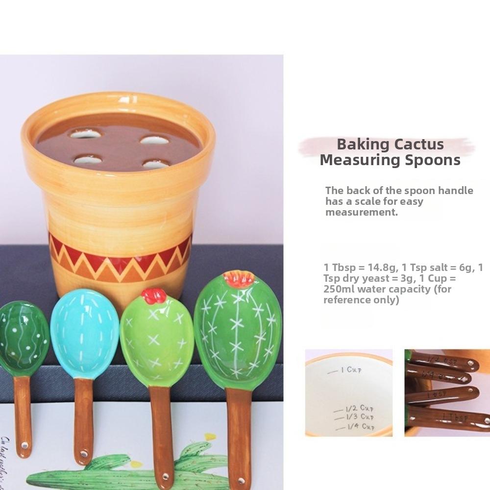 with Base Measuring Spoons Set Ceramic Cactus Ornament Kitchen Measuring Spoons Seasoning Storage
