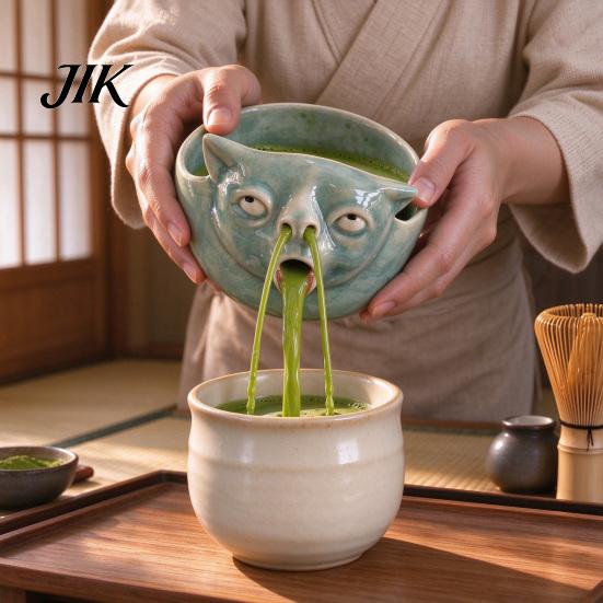 Handmade Matcha Mixing Bowl Ceramic with Spout & Whimsical Cat Face Design, Japanese Chawan Tea for Hot Cold Drinks Iced Latte Green Preparation, Easy
