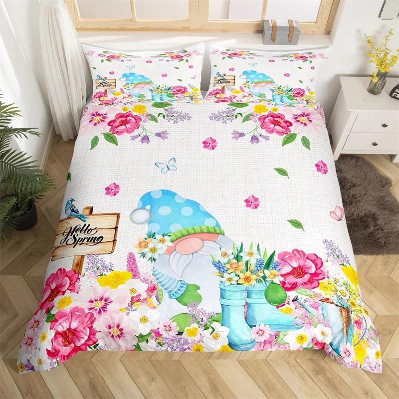 Spring Flower Gnomes Duvet Cover Romantic Rose Floral Bedding Set Microfiber Lovely Christmas Dwarf Quilt Cover Twin King Size