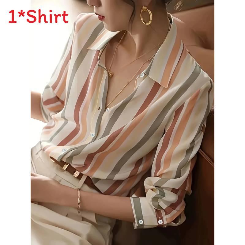 Womens Striped Long Sleeve Shirt With Spliced Fabric For Elegant Office Wear