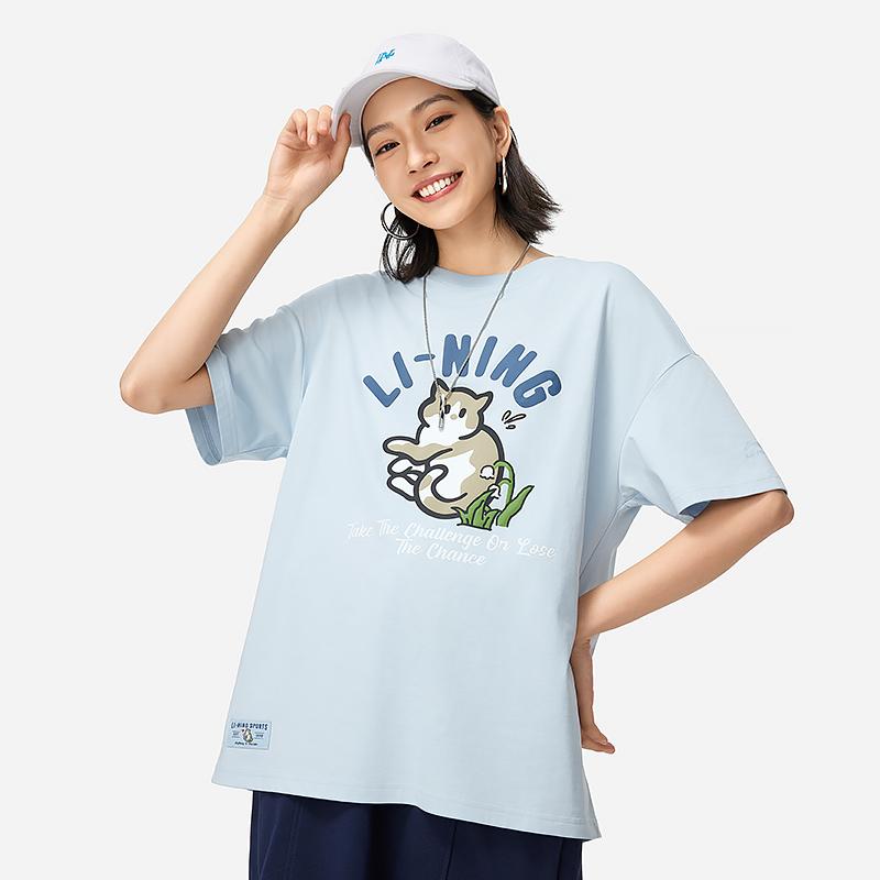 Li-Ning Футболка Cooling Tea, быстросохнущая, прохладная, повседневная, спортивный топ с буквенным принтом, круглый вырез, свободный, с коротким рукавом, женские топы, цвет Cloud-Blue AHSU750-2