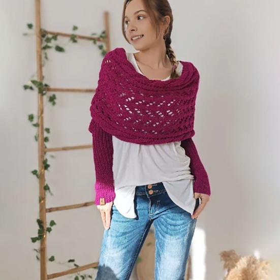 Knitted Cable Wrap Scarf with Sleeves Soft Bohemian Style Shawl Scarf Hollow Crochet Pattern