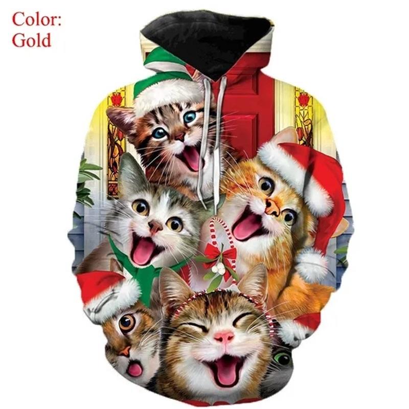 Christmas Hoodies Men 3D Printing Casual Oversized Pullover Sweatshirt Cute Animal Cat Graphic Hoodie Funny Christmas Clothes