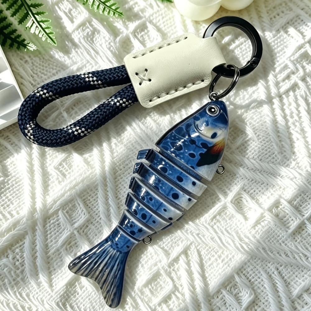 Novelty Multi-jointed Fish Keychain Hand-wrapped Leather Wooded Keyring Backpack Decor