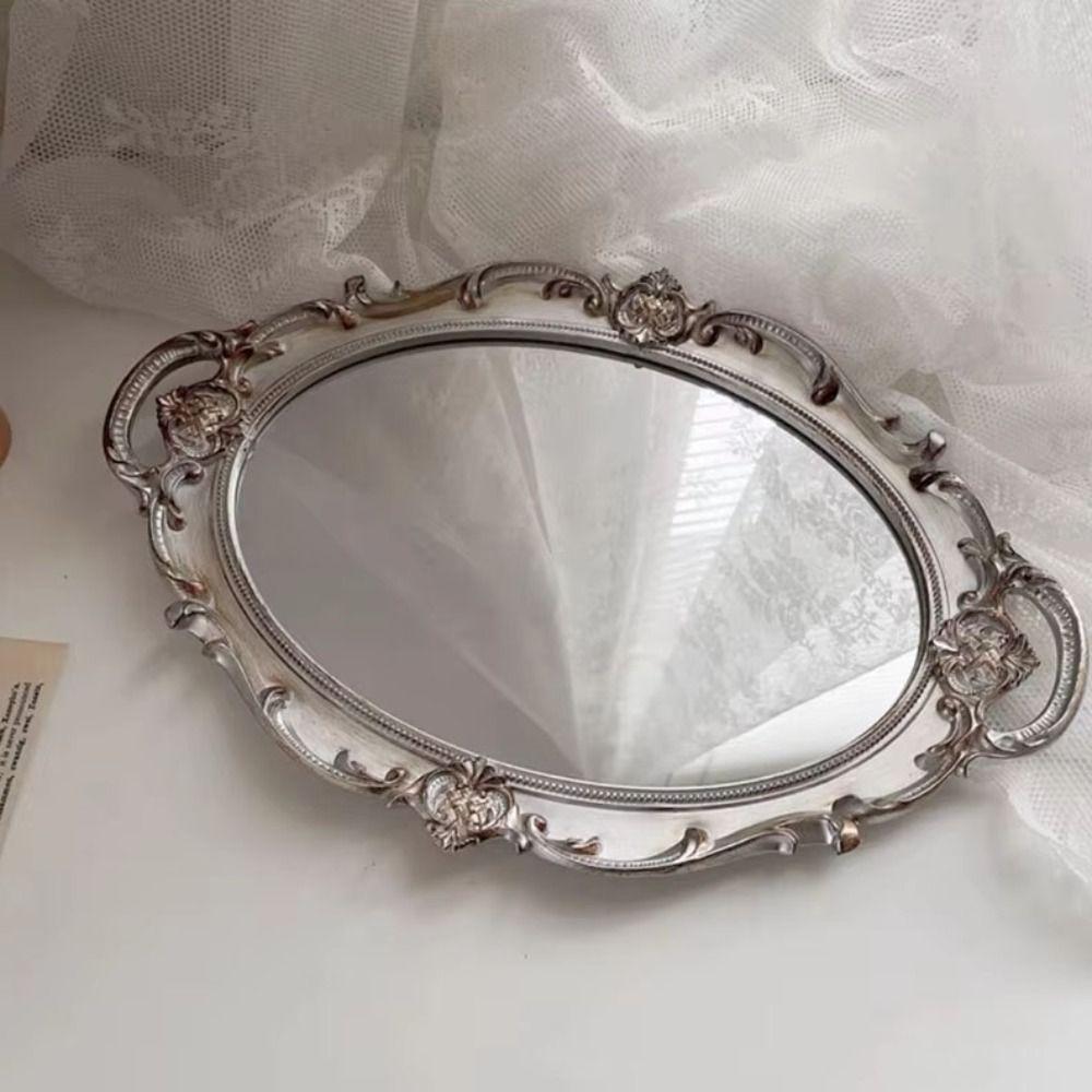 French Vintage Jewelry Storage Tray Oval Shape Mirrored Tray Cosmetics Storage Tray  Kitchen Decor