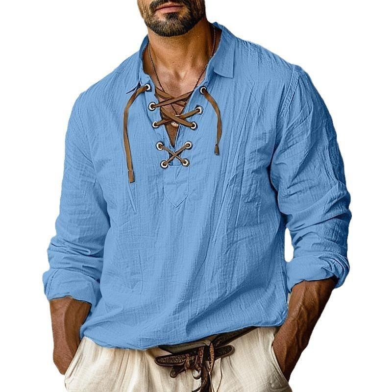 Мужские льняные рубашки с длинными рукавами, на шнуровке, с V-образным вырезом, повседневная блузка