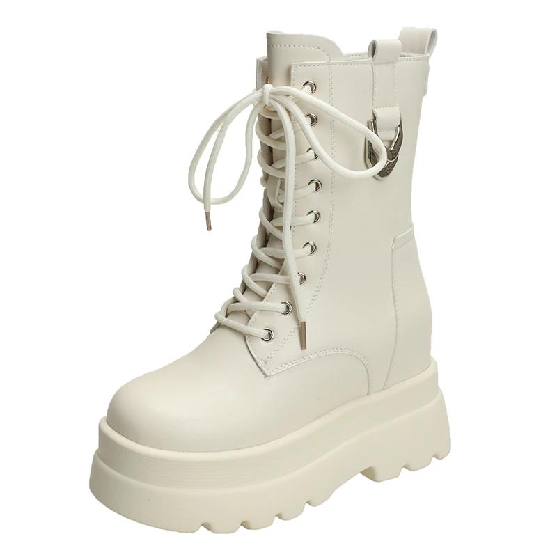 Fashion 9.5CM Women Autumn Mid-calf Boots Heels High Platform Motorcycle Boots Leather Chunky Shoes Woman Thick Bottom Short Punk Boots