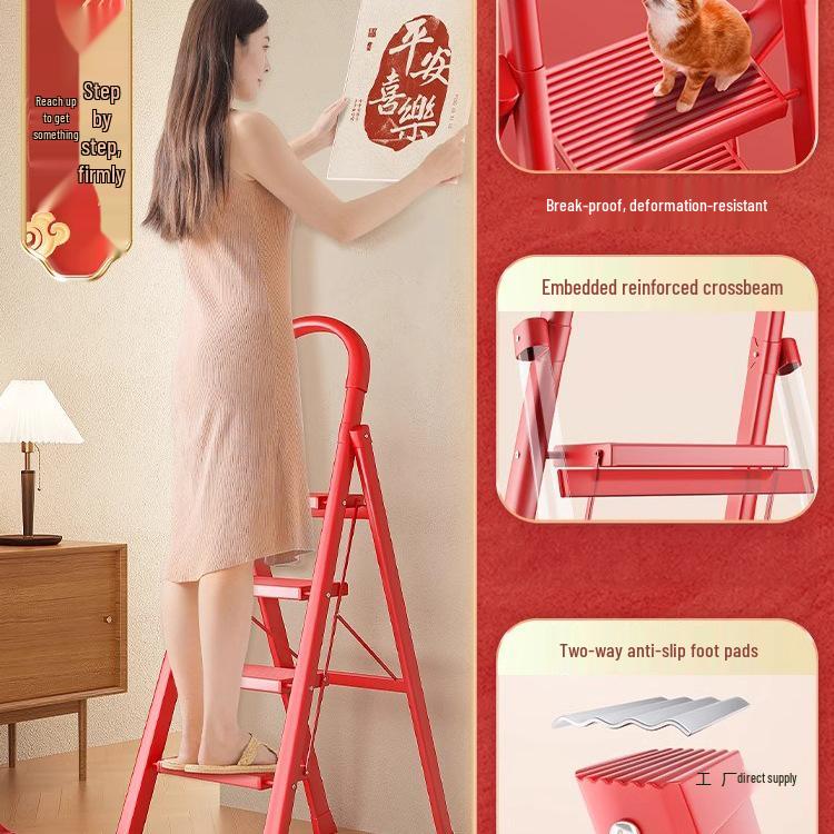 Red Festive Folding Telescopic A-Frame Ladder Stool: Indoor & Outdoor Use