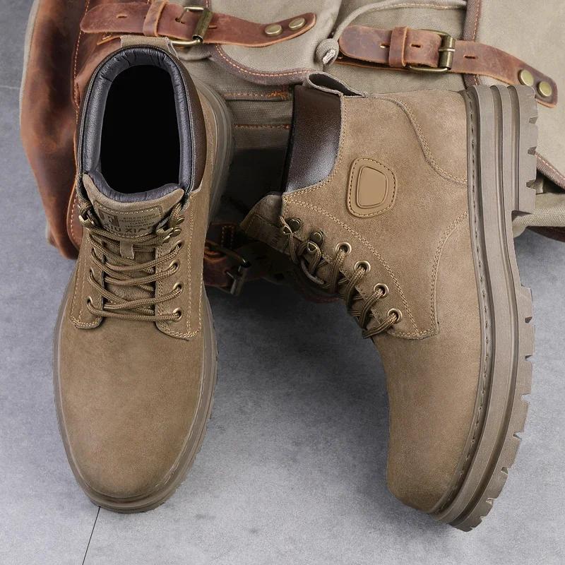 High Top Mens Suede Leather Motorcycle Boots Non-Slip Lace-Up Walking Shoes Luxury Brand Basic Boots Warm Plush Fur Winter