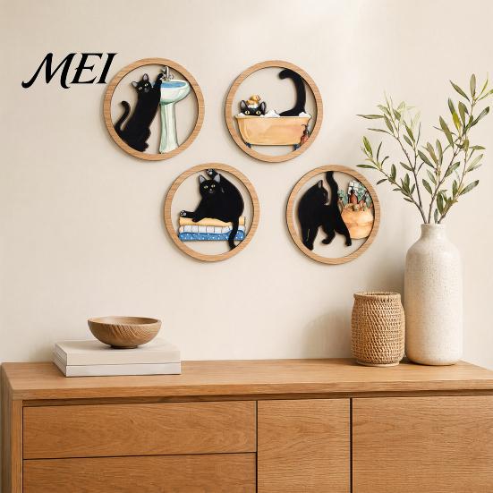 Durable Wooden Wall Hanging 4 Pcs Minimalist Black Cat Art, Geometric Round Circle Natural Wood Decor Decor, Abstract Sign for Living Room,