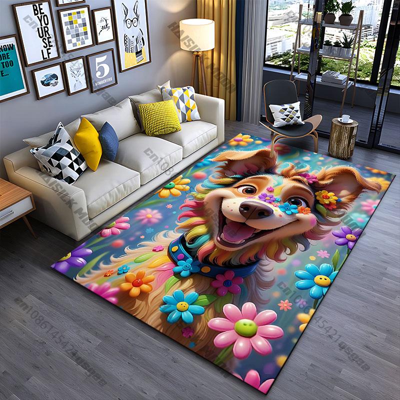 Joyful colorful dog with flowers carpet Yoga living room room decor children's crawling mat doormat area rug games mat