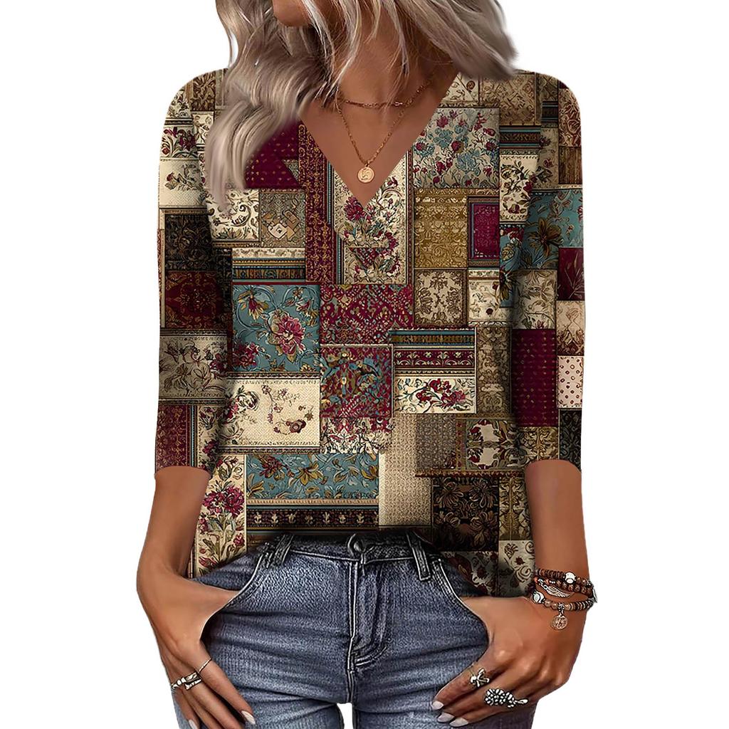 Women's 3/4 Sleeve Shirts V Neck Print Tops Casual Tops Basic Tees Blouse Loose Tops