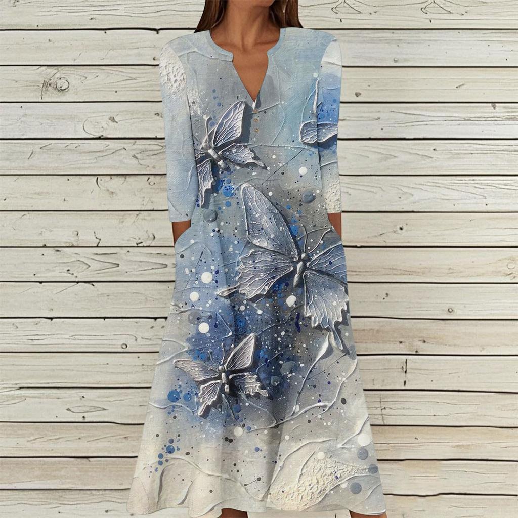 Женское летнее повседневное платье с V-образным вырезом на пуговицах, винтажным цветочным принтом, рукавом три четверти, длинное, с карманами
