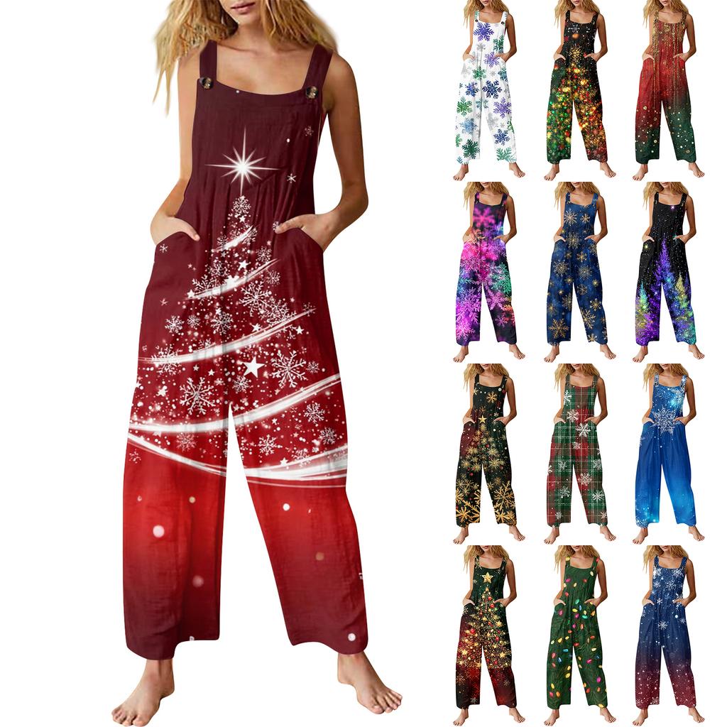Women's Casual Christmas Printed Jumpsuit Sleeveless Printed Cotton Jumpsuit