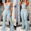 Womens Button Zipper Pocket Jeans Casual Denim Flares Sexy Set Tops Pants Suit