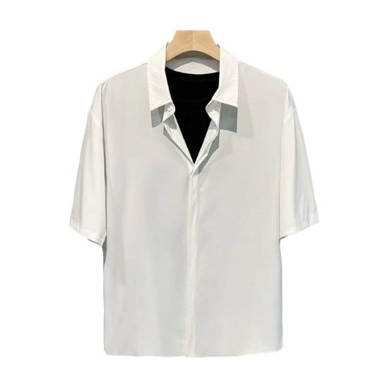 Мужская летняя рубашка с отложным воротником из ледяного шелка со скрытыми пуговицами, однобортный однобортный кардиган свободного кроя, повседневный офисный топ средней длины с короткими рукавами