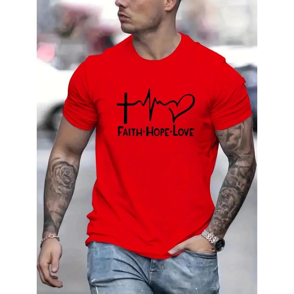Men's 100% Cotton Fashionable Casual Sports Loose Fit Plus Size FAITH HOPE LOVE Printed Round Neck Short Sleeved T-shirt Top