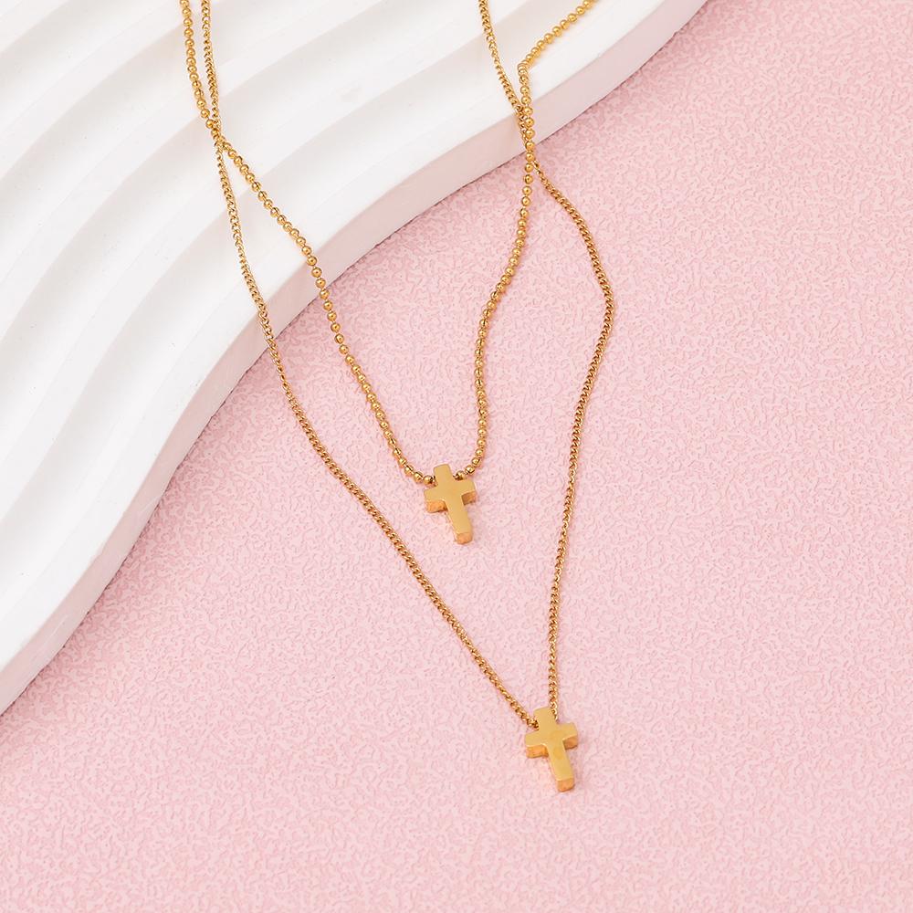 Fenny 18K Gold Plated No Fade Fashion Permanent Double Layer Cross Pendant Stainless Steel Necklace for Women