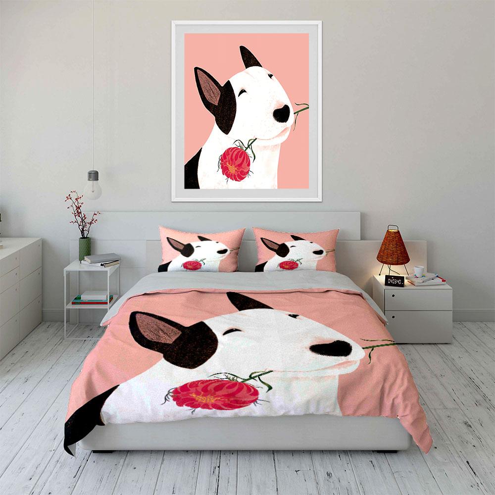 Bull Terrier with Pink Flower Bedding Duvet Cover Set Duvet Cover Pillowcases (1*Duvet Cover 2*Pillowcases, without duvet insert)